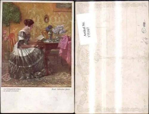 175167,Künstler Ak Karl Schuster Lieblingsplätzchen Frau liest Brief Buch a. Tisch