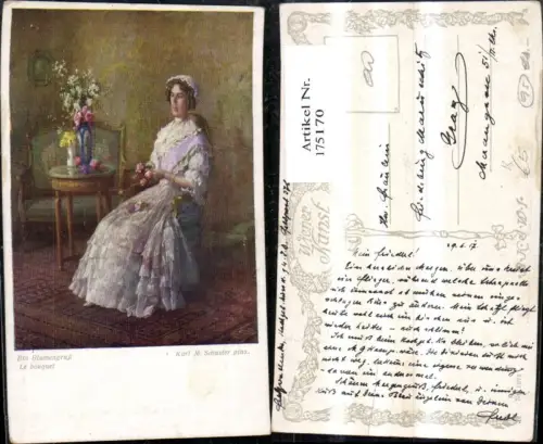 175170,Künstler Ak Karl M. Schuster Ein Blumengruß Frau m. Blumen Tisch Vase