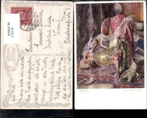 175179,Künstler Ak Jos. Schuster Atelierecke Gitarre Sessel Stuhl