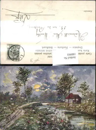 188993,Künstler Ak Heinrich Wertheim Haus a. Fluss Brücke Mondschein Landschaft