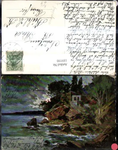 189190,Künstler Ak T. Guggenberger Haus Festung Ufer See b. Mondschein Landschaft