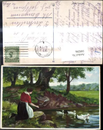 189296,Künstler Ak Frau kniet a. Ufer Teich Enten Landschaft pub Wenau Delila