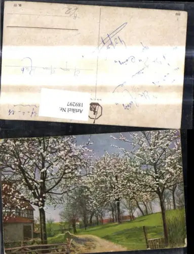 189297,Künstler Ak Weg b. Haus Baumblüte Landschaft