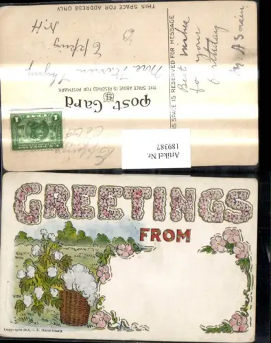 189387,Präge Litho Blumenschrift Blumen Korb Baumwolle Greetings from