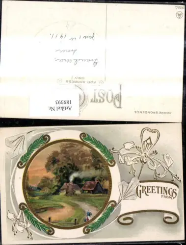 189393,Präge Litho Haus Frau Weg Lanschaft Passepartout Zweige Ornament Greetings from Goldverzierung