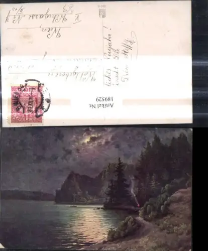 189529,Künstler Ak Lagerfeuer Ufer See Ruderboot Boot b. Mondschein