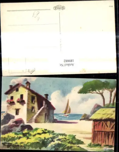 189882,Künstler Ak Haus a. See Meer Segelboot Boot Landschaft