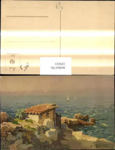 189893,Künstler Ak E. Robert Hütte Haus Küste Meer Segelboote Boote Landschaft