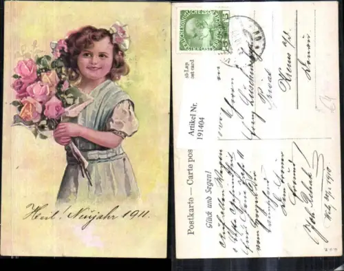191404,Künstler AK Mädchen m. Masche u. Rosenstrauß Rosen