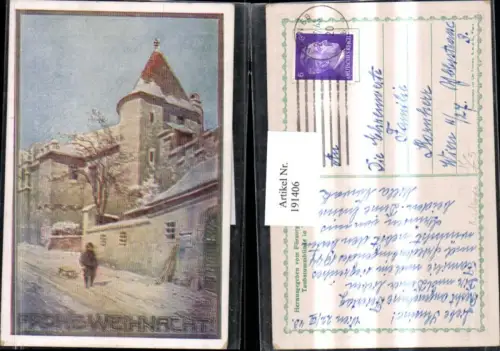 191406,Künstler AK K. Moser „Frohe Weihnacht“ Winterbild Ortsansicht Kind m. Schlitten