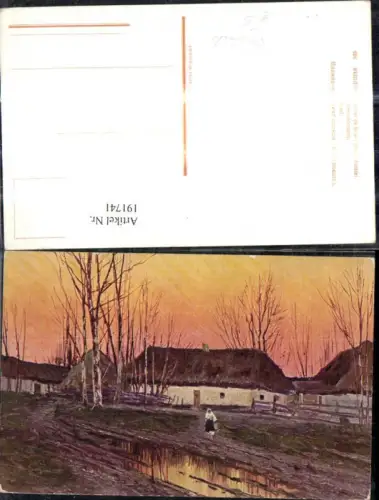 191741,Künstler Ak Wasilieff Sonnenuntergang Frau Bauernhof Strohdach Russland