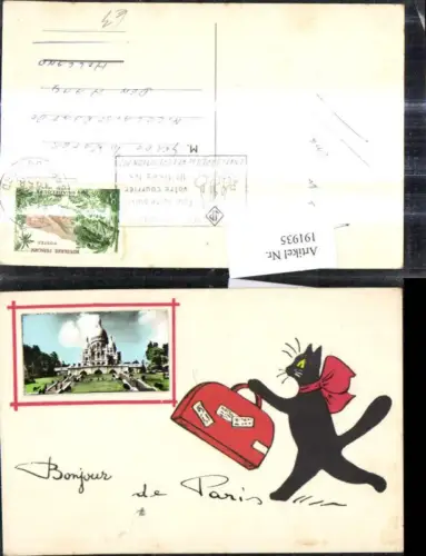 191935,Künstler Ak Aufgeklebtes Foto Sacre Coeur Paris Kater Katze m. Koffer