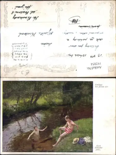 192054,Künstler Ak Karl Schuster Freibad En pleine air Kinder Buben baden i. Bach Hut Landschaft pub B.K.W.I. 1623
