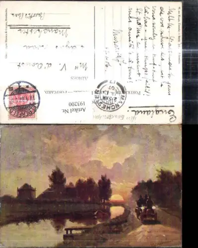 193200,Künstler Ak H. Gerstenhauer Automobil Oldtimer Weg entlang Fluss Brücke Sonnenuntergang Landschaft