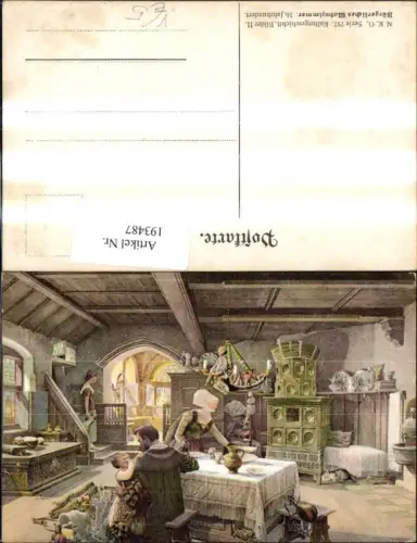 193487,Bürgerliches Wohnzimmer 16. Jahrhundert Ofen Kamin Kinder Katze Krug Spielzeug pub N. K. G. 757