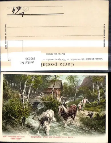 193530,Künstler Litho R. Koller Bergmühle Pferde Hund