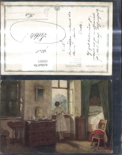 193811,Künstler Ak M. v. Schwind Die Morgenstunde Frau a. Fenster Schlafzimmer
