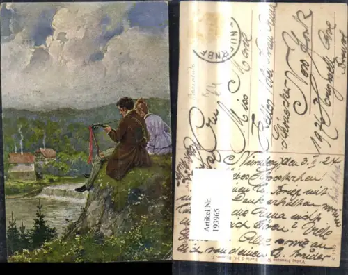 193965,Künstler Ak R. Borrmeister An d. Weser Mann spielt Gitarre Frau Ausblick a. Dorf Landschaft