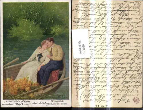194049,Künstler Ak J. R. Baur Weltentrückt Loin du monde Liebespaar Paar Liebe Ruderboot Boot