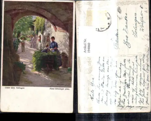 194060,Künstler Ak Hans Götzinger Unter dem Torbogen Frau m. Kind Schubkarren Scheibtruhe Bauern