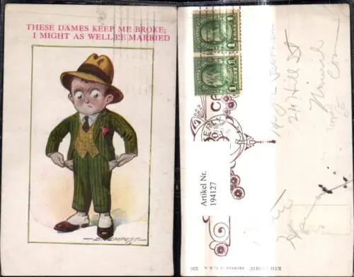 194127,Künstler Ak D. Tempest Mann m. leeren Taschen Hut Spruch Text