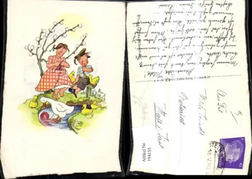 194155,Künstler Ak Flechsig Kinder stricken Gans m. Wolle i. Bach Küken