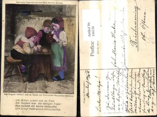 194158,Künstler Ak Prof. Hermann Kaulbach Kinder m. Tassen Krug Text Reklame Kneipp Kaffee