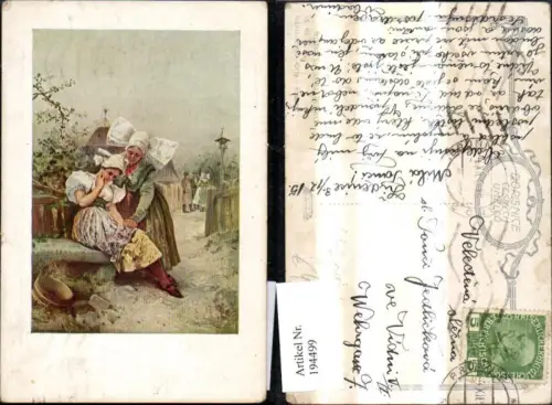 194499,Künstler Ak Adolf Liebscher Frauen Tracht Steinbank Dorf Passepartout