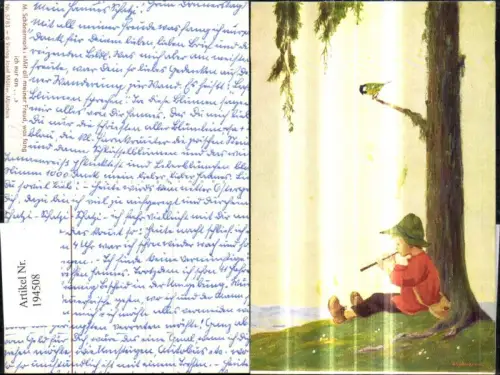 194508,Künstler Ak M. Schönermark Mit all meiner Freud was fang ich nur an Bub Junge Flöte Musik Vogel