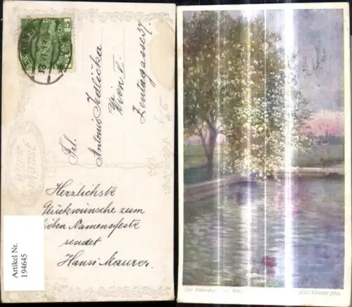 194645,Künstler Ak Karl Schuster Der Blütenbaum a. Weiher Landschaft pub B.K.W.I. 1432