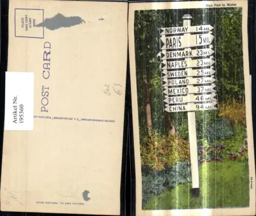 195360,Künstler Ak Wegweiser Norway Paris Denmark Sign Post in Maine