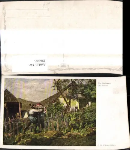 196886,Künstler Ak F. G. Waldmüller Die Nachbarn Paar Umarmung über Zaun Bauern Haus Garten