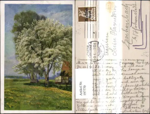 197770,Künstler Ak W. Bürger Bäumblüte Blumenwiese Haus Landschaft