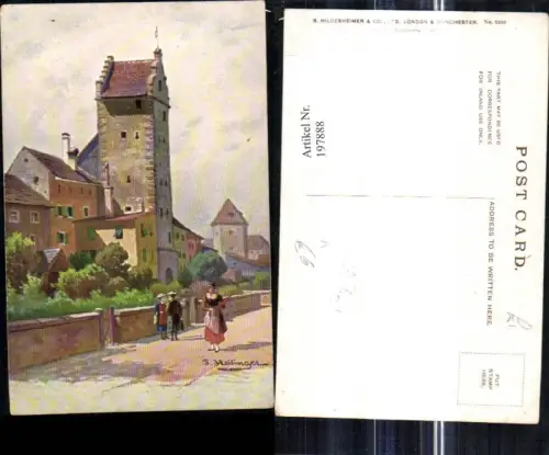 197888,Künstler Ak F. Heilinger Stadt Strassenansicht Frau Tracht Schirm Turm