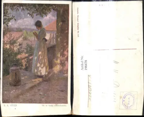 198478,Künstler Ak R. A. Höger Ob er heute wiederkommt Frau liest Brief Lesen Baum Garten