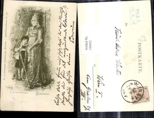 198492,Künstler Ak F. A. v. Kaulbach Renaissance Frau m. Kind Schwert Krone pub F. A. Ackermann 442