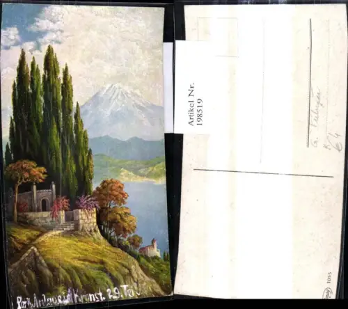 198519,Künstler Ak G. Fiebiger Gebäude Kirche Bäume See Bergkulisse Landschaft