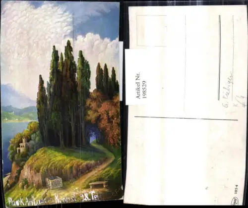 198529,Künstler Ak G. Fiebiger Kirche a. Ufer See Brunne Bank Bäume Allee Landschaft