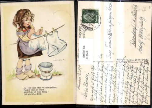 212664,Künstler AK H. Peyk Kind Mädchen b. Wäsche aufhängen Klammern Eimer Pantoffeln