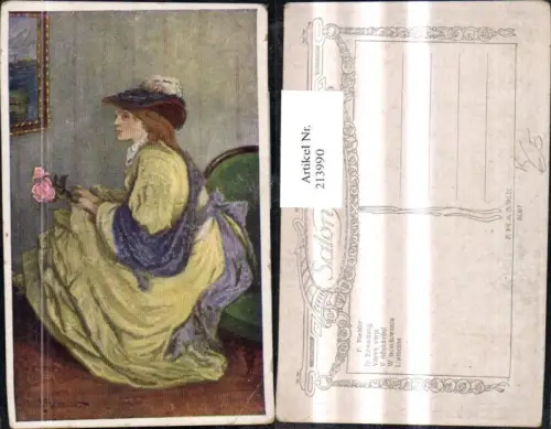 213990,Künstler AK F. Niebler „In Erwartung“ Frau m. Kleid u. Hut Rose