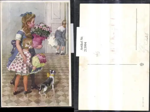 213994,Künstler AK H. Schubert Kinder m. Blumensträußen Blumen Katze m. Schleife