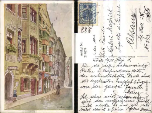 214074,Künstler AK E. F. Hofecker Innsbruck Hofgasse Straßenansicht Gasthof Burgriesen