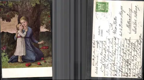 215045,Künstler Ak H. Huber Sulzmoos Frau Mädchen b. Baum Äpfel Heiligenschein