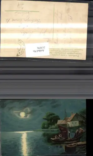 215076,Künstler Ak Segelboot Haus Ufer b. Mondschein