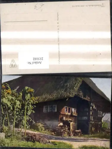 215102,Künstler Ak Reetdachhaus Haus Bauernhof Sonnenblumen Blumen