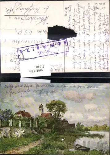 215103,Künstler Ak Dorf m. Teich Boot Storch