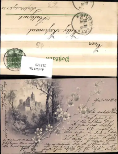 215120,Künstler Litho Burg Festung Schloss m. Blütenzweig