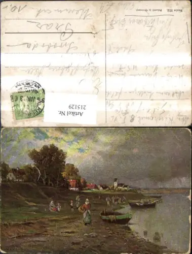 215129,Künstler Ak Eilers Ufer m. Booten Personen Dorf i. Hintergrund