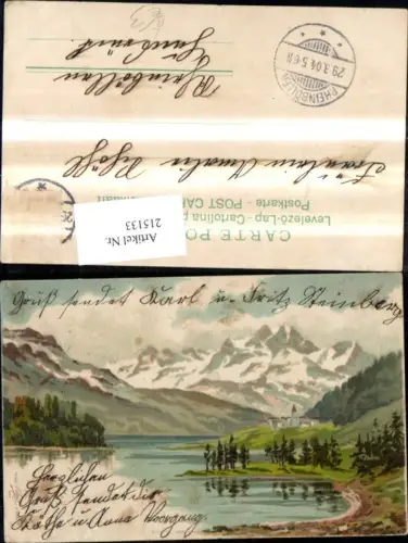 215133,Künstler Litho See Kirche Dorf v. Bergkulisse