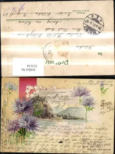 215134,Künstler Litho Dorf Fluss Landschaft m. Blumen